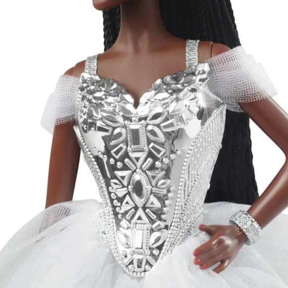 Barbie Signature 2021 Holiday Barbie Doll 12-inch Brunette Braids in Silver Gown - Picture 12 of 12